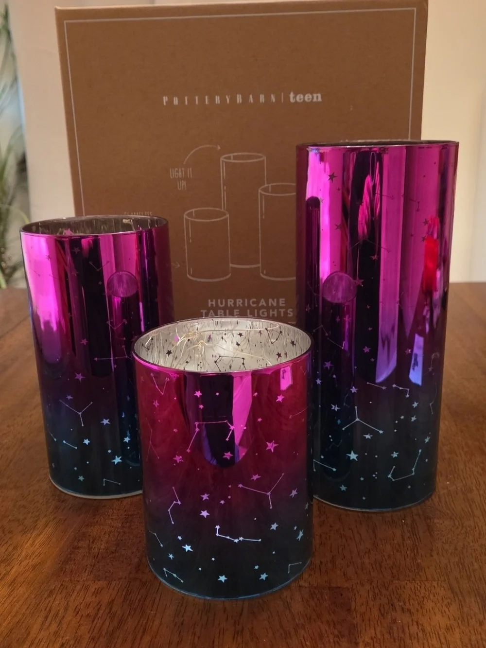 Pottery Barn Teen Magenta Constellation Hurricane Table Lights